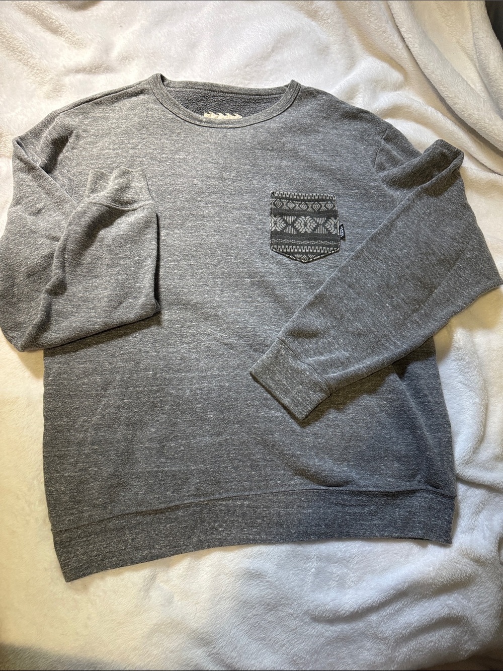 Vans Heather Gray Crewneck Sweater with Patterned Pocket